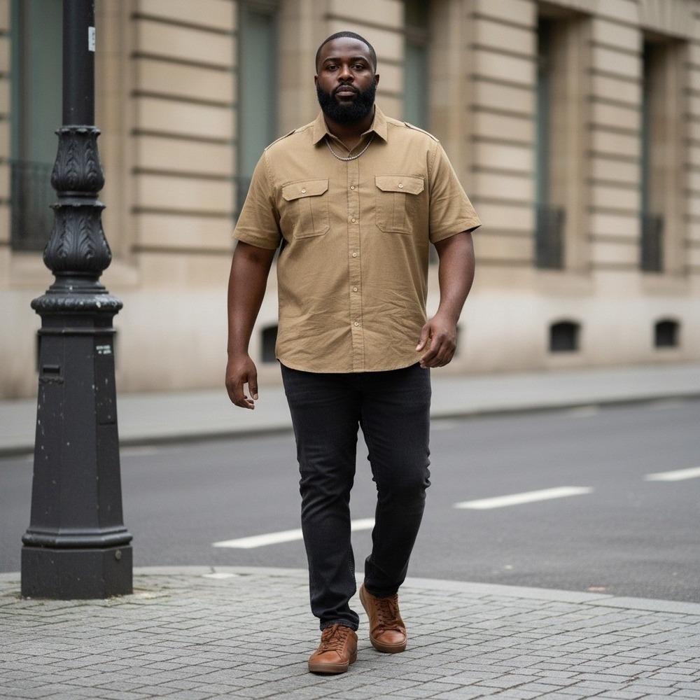 Y2K Sean John Mens 3XL Tan Linen Blend Short Sleeve Safari Button‎ Down Shirt